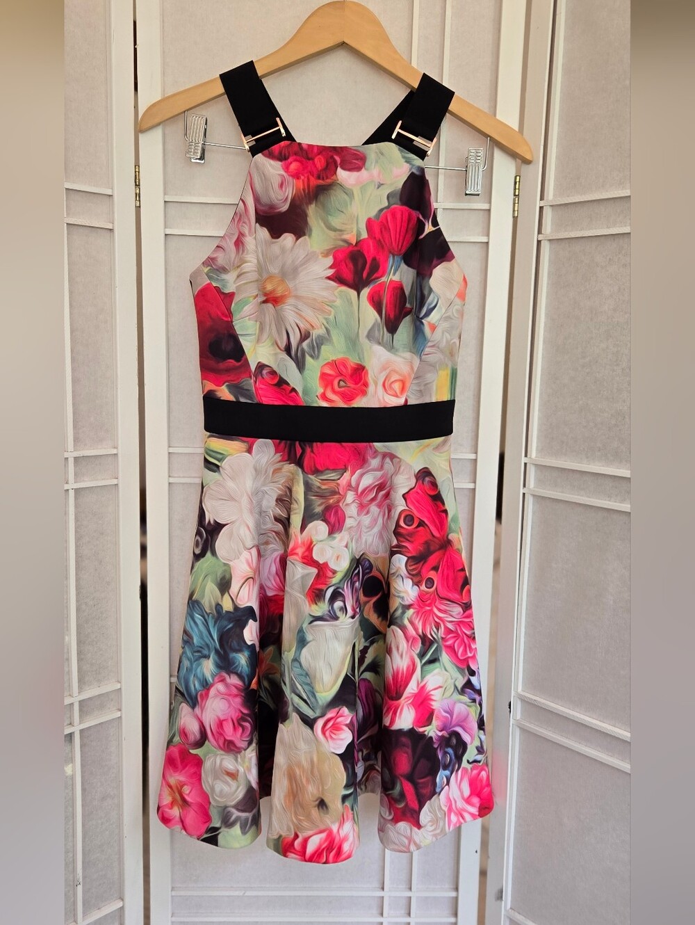 Ted Baker Floral Fit-and-Flare Dress in Pink, Black, Green